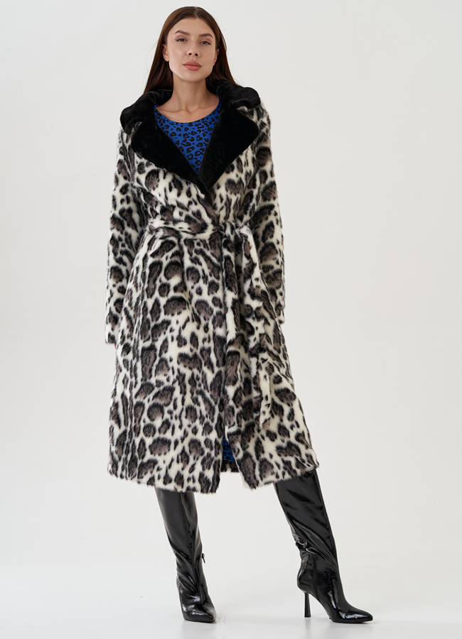 Пальто из эко меха с леопардовым принтом модель № 81308 универмаг малина