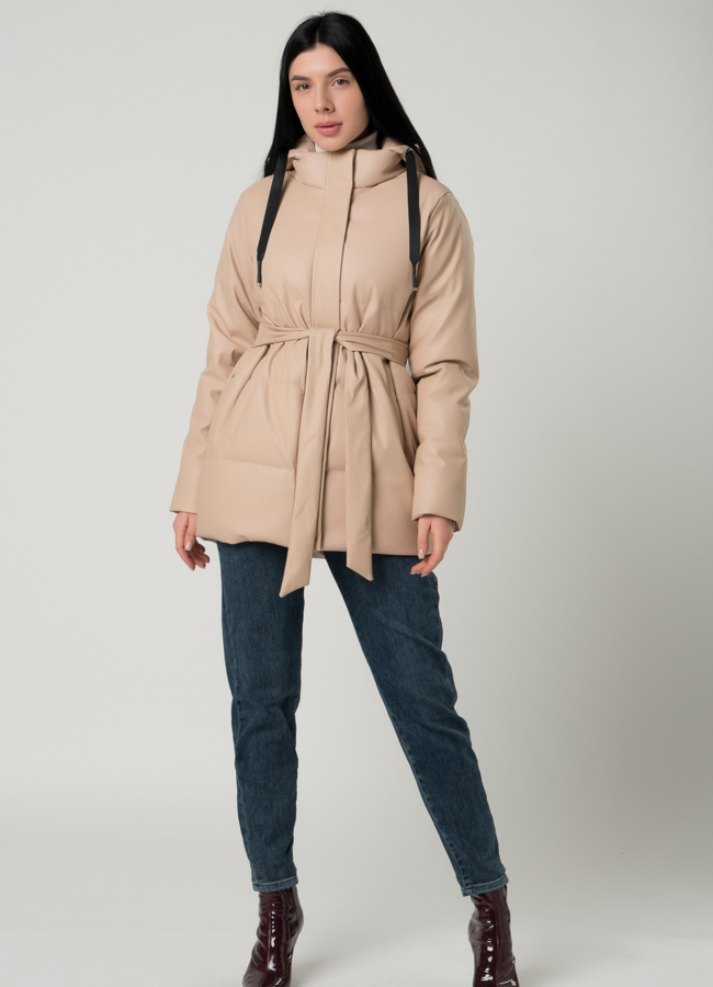 фото Утепленная женская куртка из эко кожи с капюшоном модель № 22320