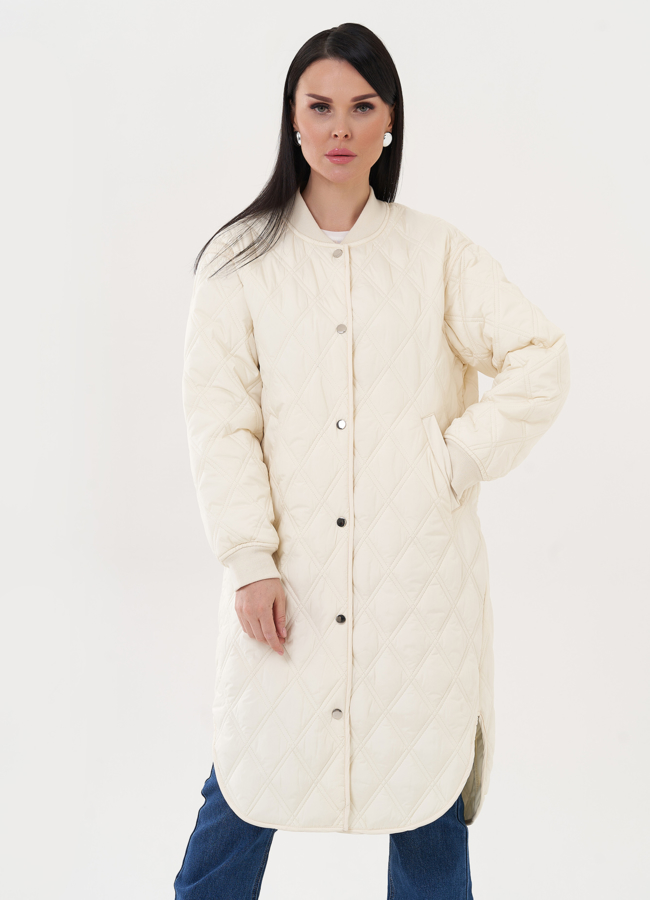 Стеганый пуховик-рубашка бежевого цвета модель № 27020 меха малина