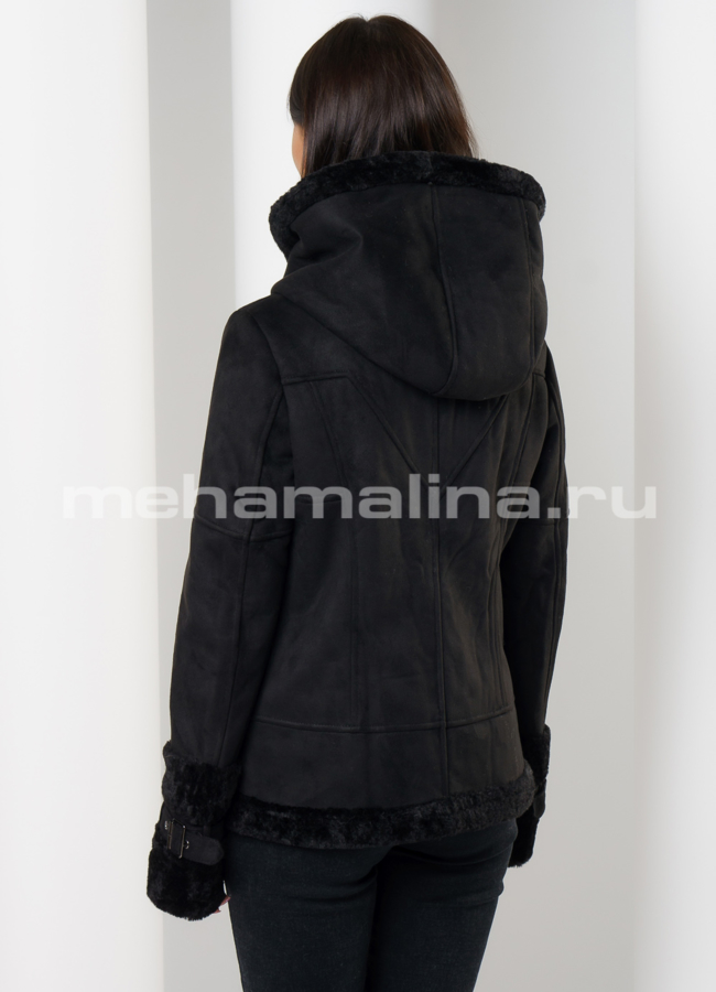 фото Эко дубленка на молнии с капюшоном в черном цвете модель № 9186