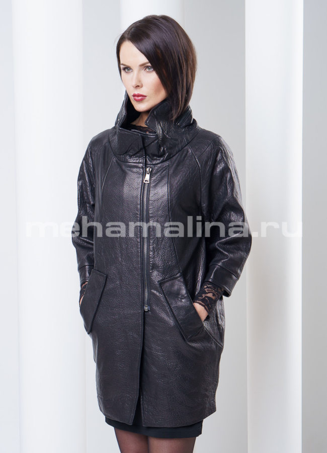 фото Кожаный плащ на молнии(дизайнерская модель) модель № K-252