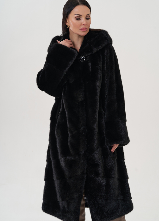 Шуба из норки с капюшоном  модель № 26052 меха малина