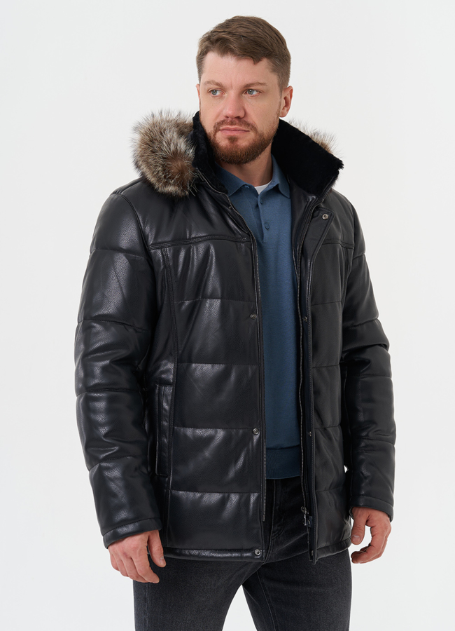 Куртка из эко кожи с отделкой из меха енота модель № 28583 универмаг малина