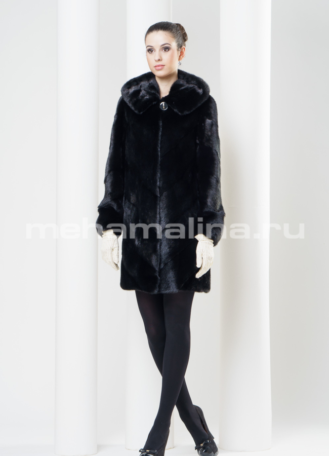 Черная норковая шуба с капюшоном модель № S-342 в рассрочку
