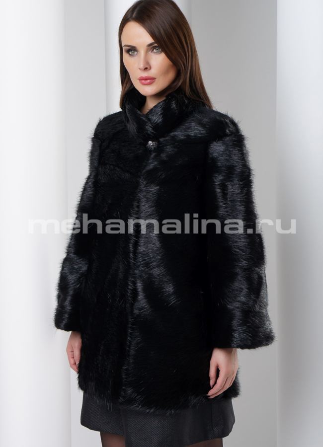 Укороченная черная шуба  модель № S-549 меха малина