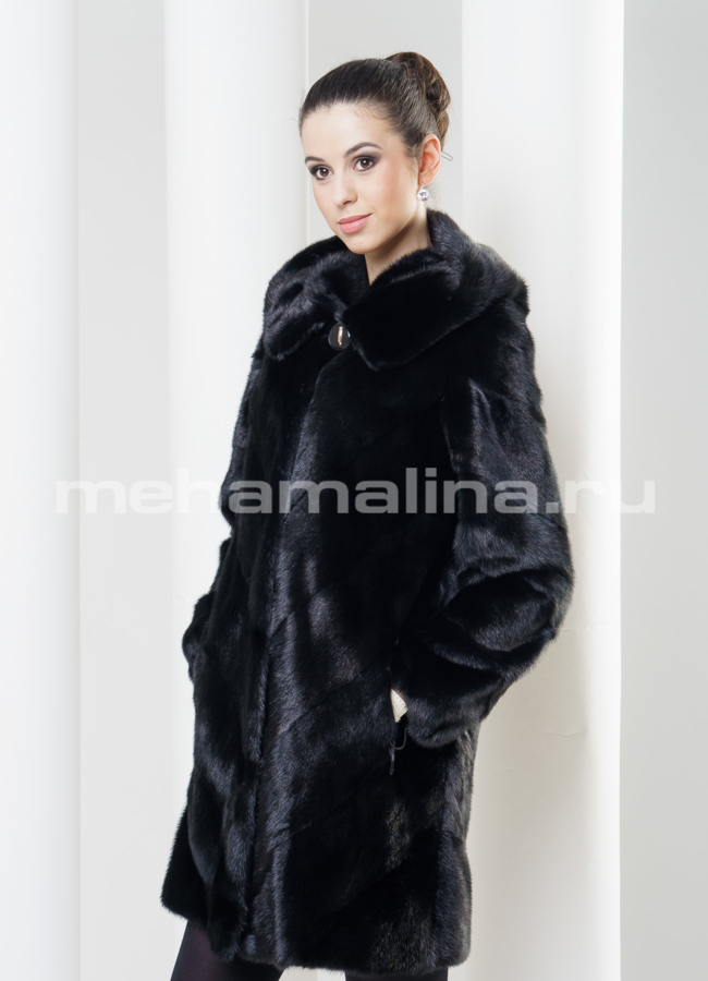 Черная норковая шуба с капюшоном модель № S-342 универмаг малина