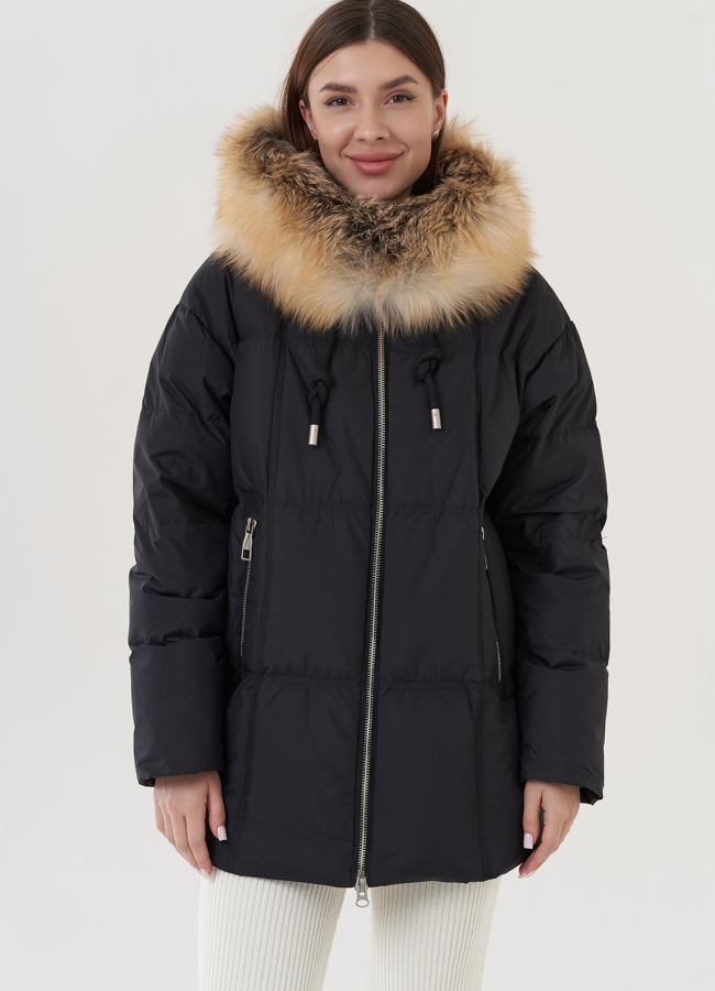 Пуховик женский с капюшоном  модель № 25029 меха малина