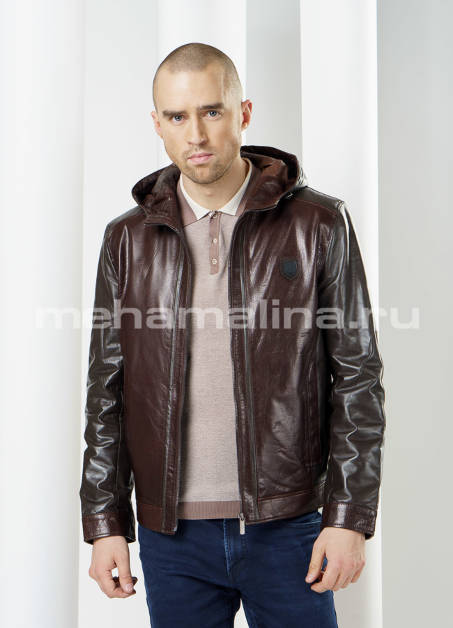 Кожаная куртка с капюшоном, цвет коричневый модель № KP-96 меха малина