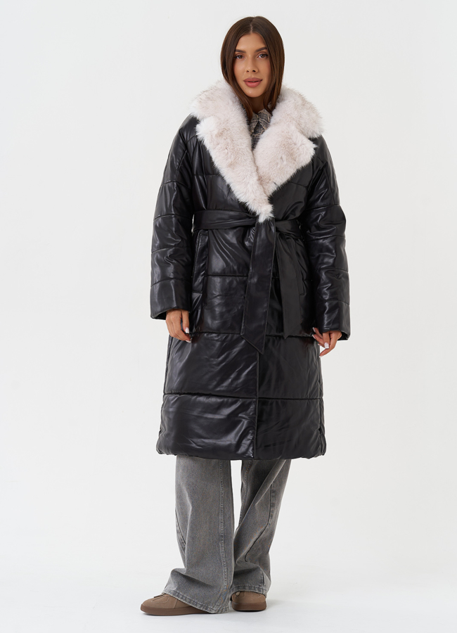 Пуховик из эко кожи с английским воротником модель № 23364 в кредит