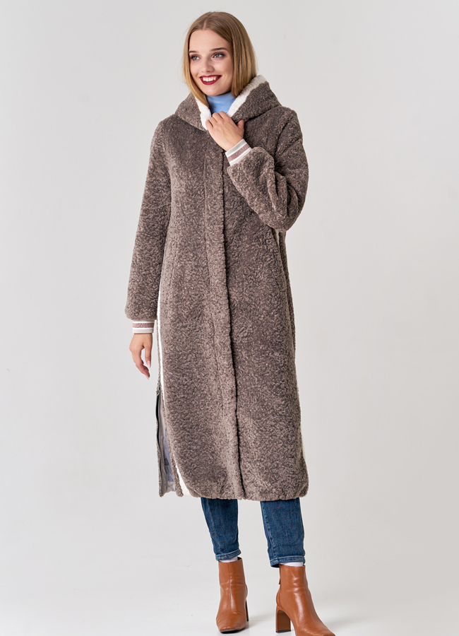 Удлиненное пальто с капюшоном в бежевом цвете модель № 21569 универмаг малина