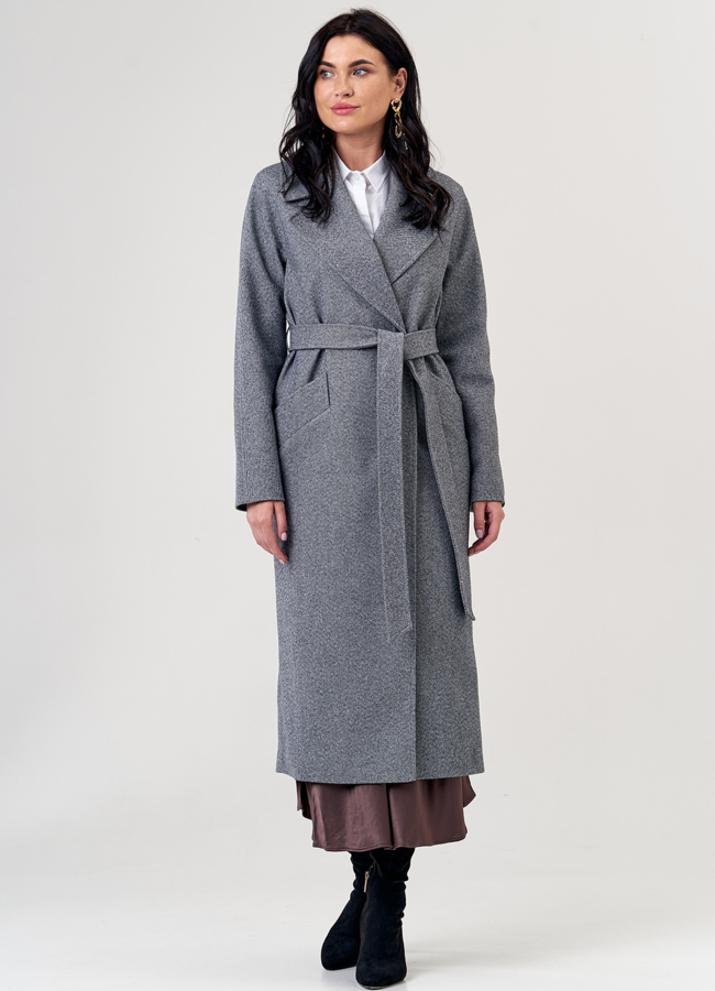 фото Женское пальто серого цвета с английским воротником модель № 21305