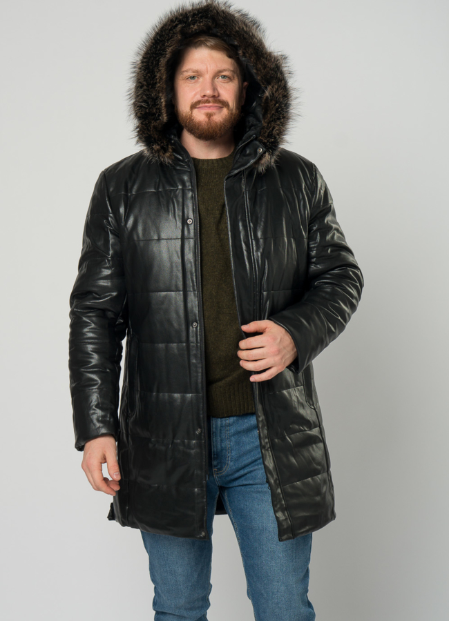 Мужской пуховик из эко кожи черного цвета с капюшоном модель № 21968 универмаг малина