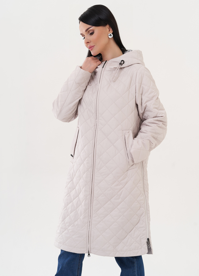 фото Стеганый пуховик с капюшоном бежевого цвета модель № 24427