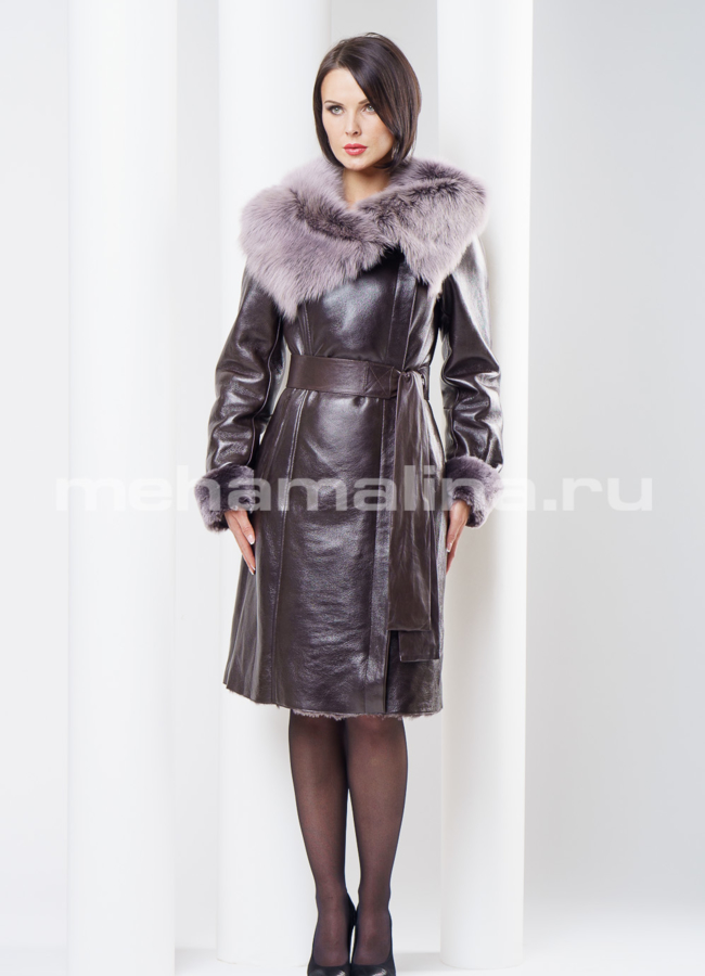 Дубленка с тасканой, цвет шоколад Ramires модель № D-127 меха малина