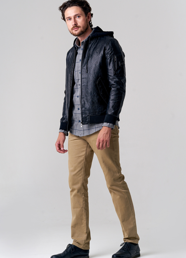 фото Мужская куртка из эко кожи с капюшоном модель № 1300