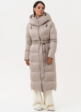 Длинный женский пуховик в бежевом цвете