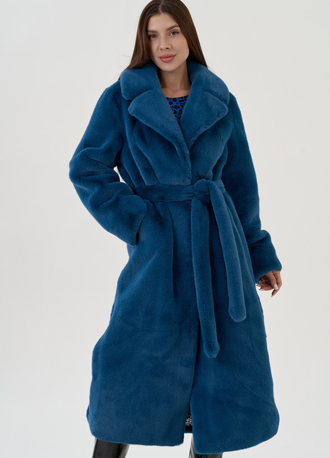 Удлиненная шуба из экомеха с поясом модель № 81535 меха малина