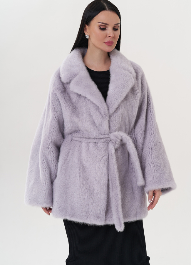 Шуба из норки с поясом модель № 26130 меха малина