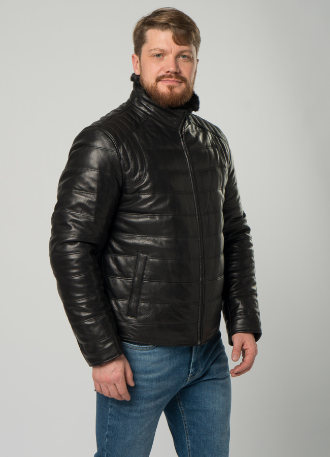 Мужской пуховик из натуральной кожи с воротником стойкой модель № 20025 универмаг малина