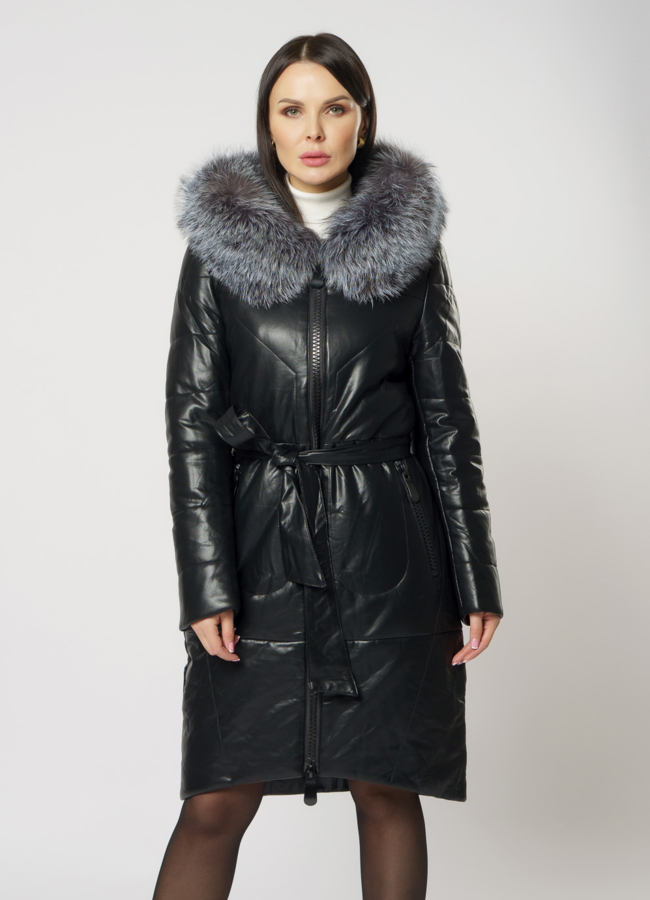 Пуховик из эко кожи с чернобуркой  модель № 18256 меха малина