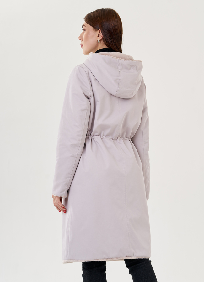 Двухстороннее пальто из эко меха с капюшоном модель № 25354 универмаг малина