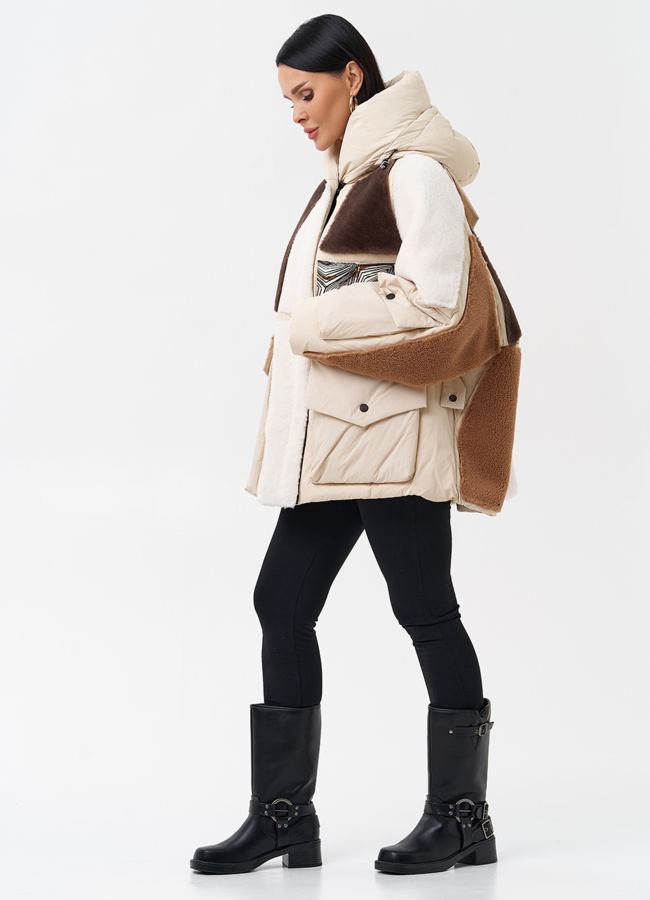 Комбинированный женский пуховик с капюшоном модель № 28376 в рассрочку