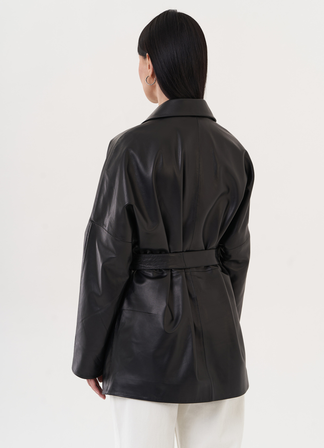 Кожаная куртка-пиджак с поясом модель № 26952 универмаг малина