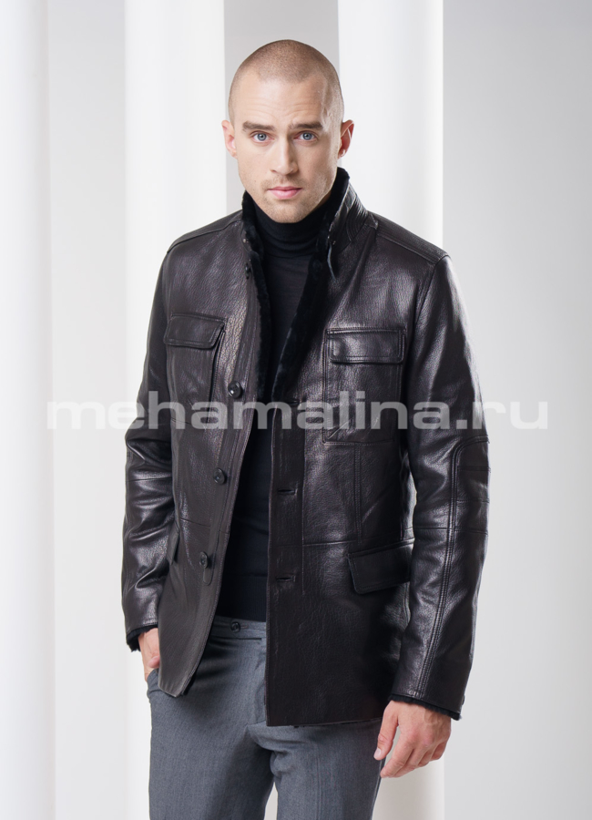 Дубленка мужская с кожаным покрытием, цвет черный  модель № DM-69 в кредит