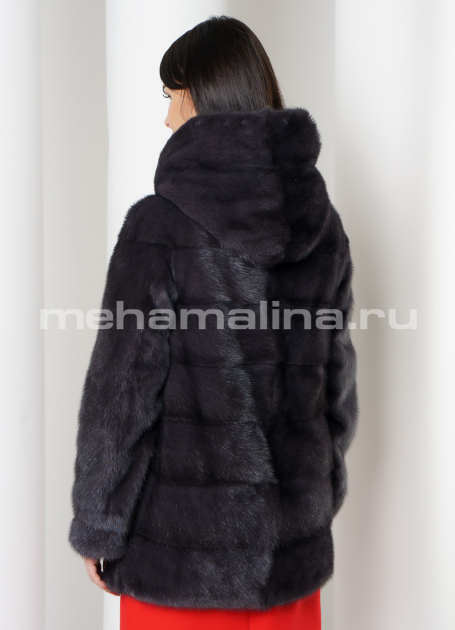 фото Укороченная норковая шуба с капюшоном в цвете графит модель № S-782