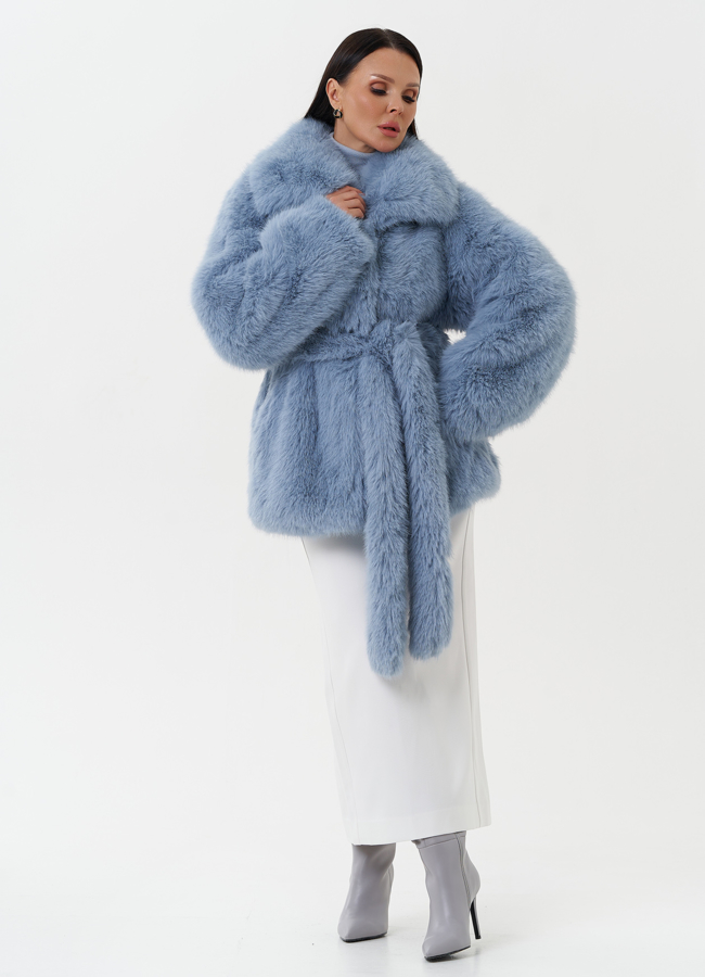 фото Шуба из эко меха с поясом модель № 27804