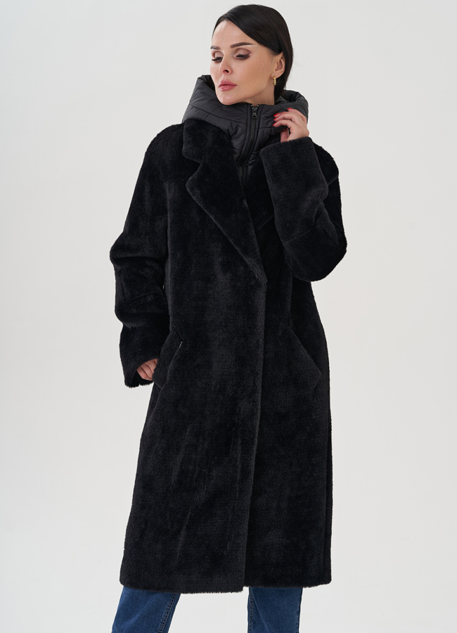 Женское ворсовое пальто в черном цвете модель № 23273 меха малина