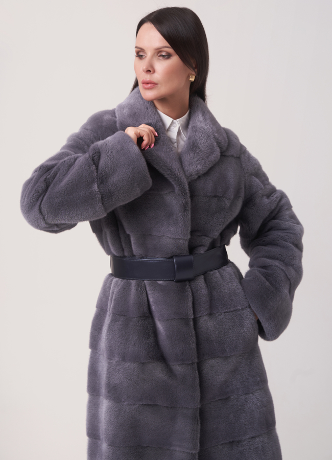 фото Норковая шуба в цвете графит с английским воротником поперечная модель № S-762