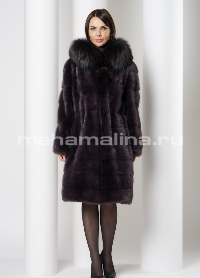 фото Норковая шуба с капюшоном отделка чернобурка модель № S-747