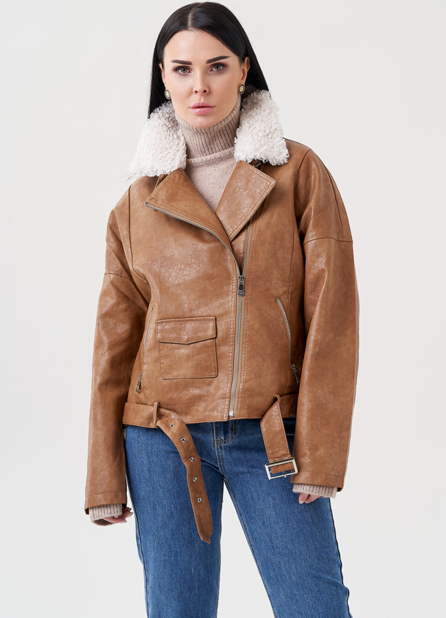 Куртка косуха на утеплении с отделкой из экомеха модель № 23997 меха малина