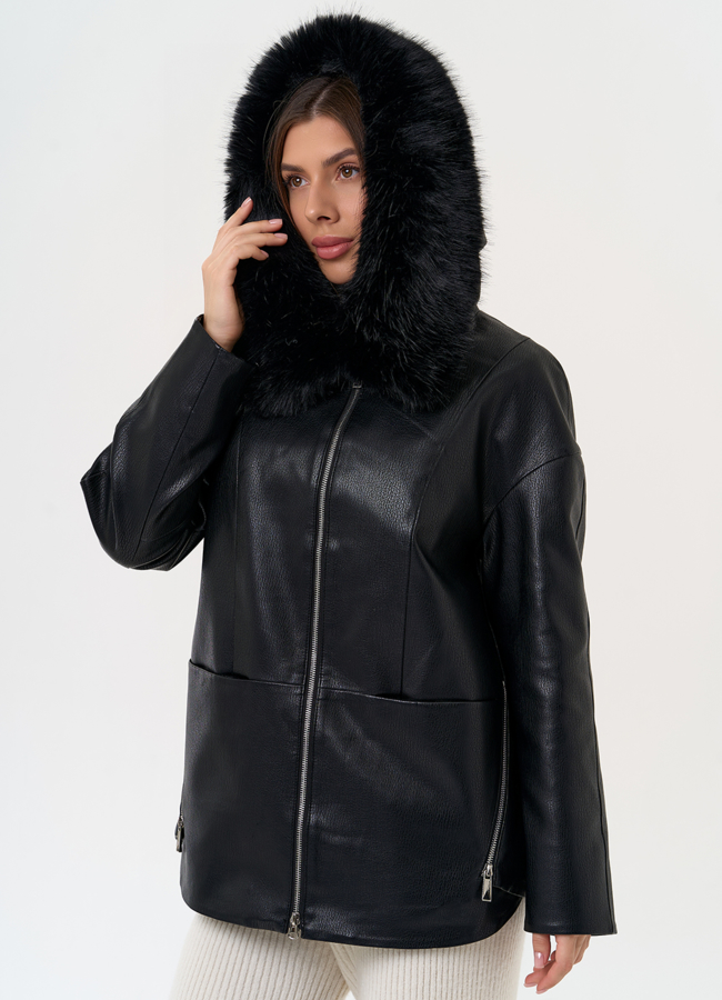 Женская утепленная куртка из эко кожи с капюшоном из эко меха модель № 31495 универмаг малина Женская утепленная куртка из эко кожи с капюшоном из эко меха модель № 31495 универмаг малина