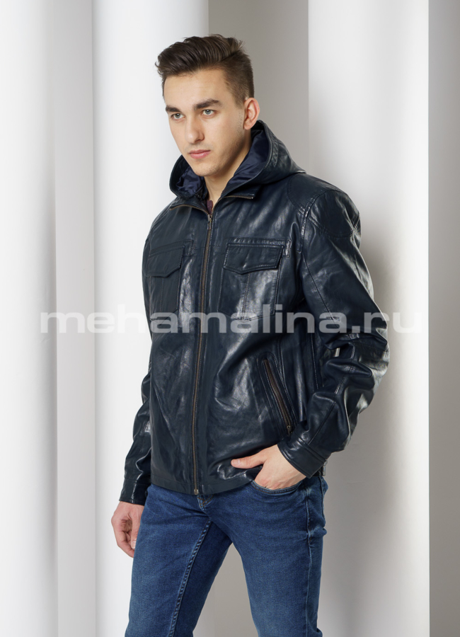 Кожаная куртка с капюшоном синего цвета модель № 001 в рассрочку