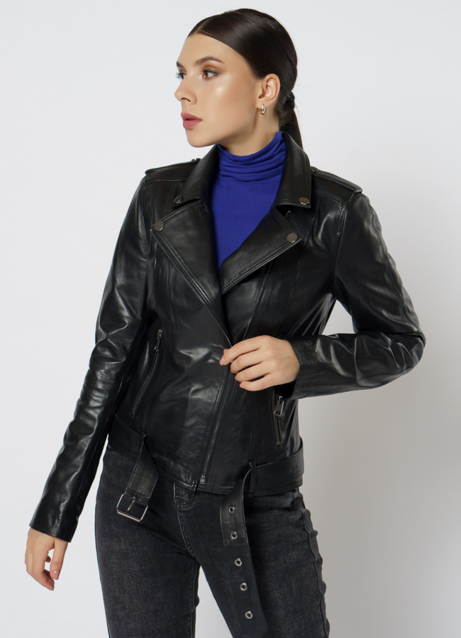 Кожаная куртка с поясом модель № 21608 универмаг малина