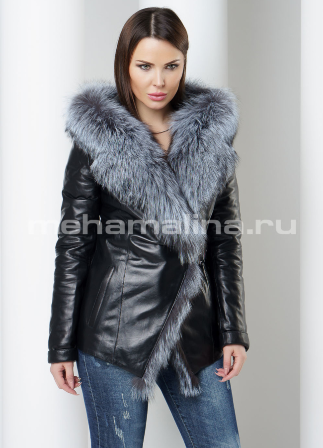 Кожаная куртка с чернобуркой модель № K-425 меха малина
