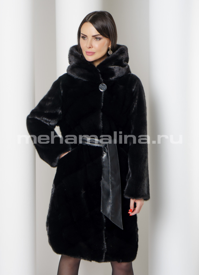 Норковая шуба черного цвета с капюшоном модель № S-778 универмаг малина