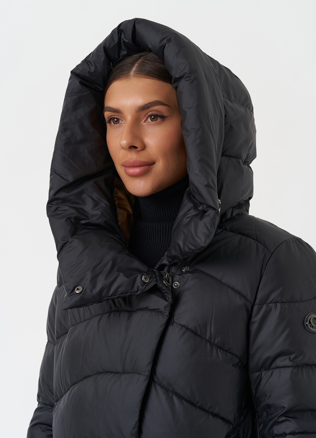 Женский пуховик с поясом модель № 28496 универмаг малина