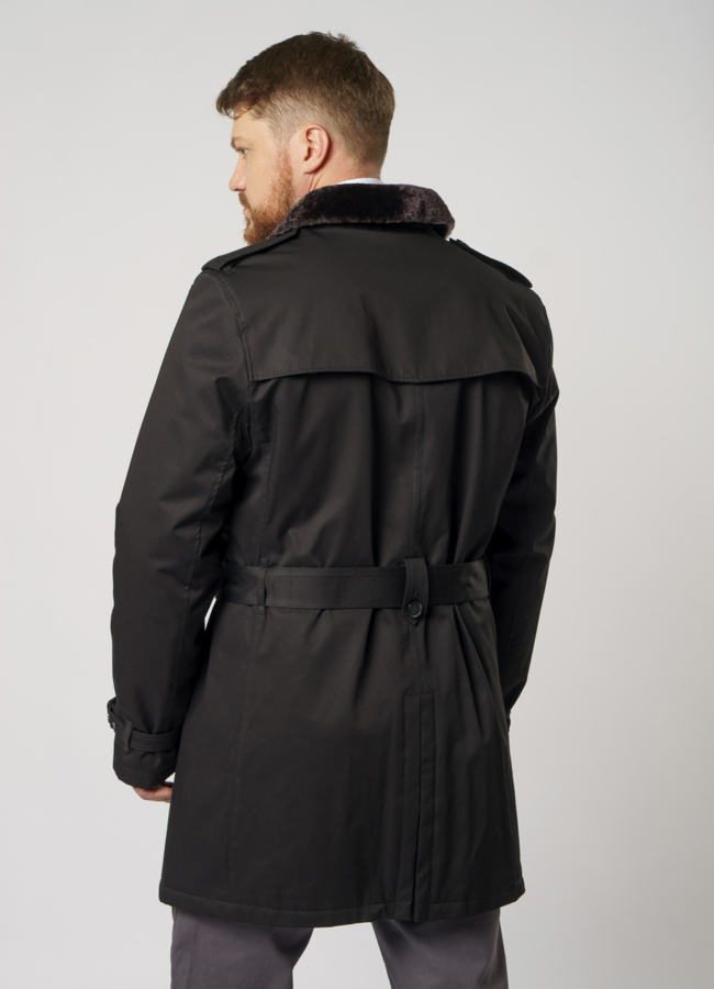 Удлиненная куртка черного цвета с поясом на пуговицах модель № DM-137 в кредит