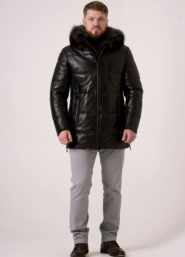 Зимний пуховик из натуральной кожи с мехом  модель № 1776-2 универмаг малина