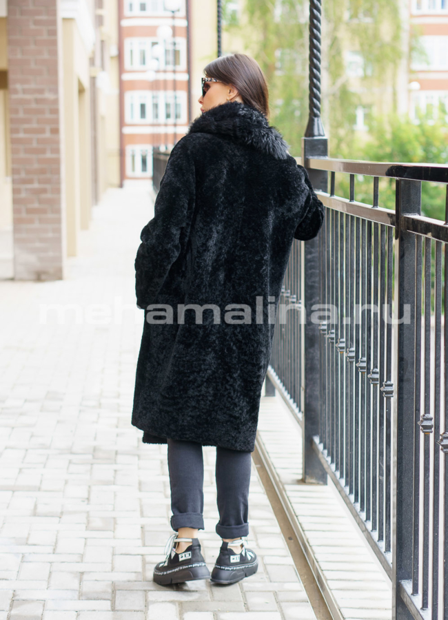 Дубленка черного цвета на кнопка с воротником модель № 3201-98 в кредит