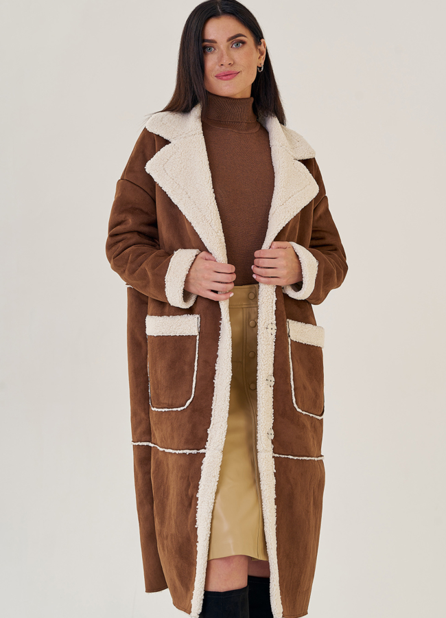 Длинная женская дубленка из искусственного меха модель № 23198 меха малина