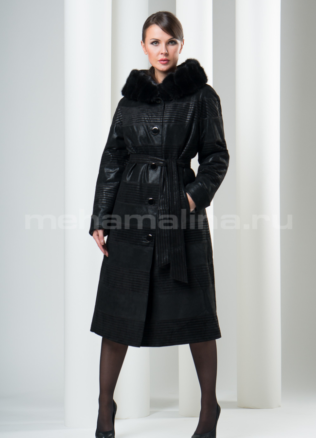 Кожаное пальто на кролике модель № K-182 меха малина