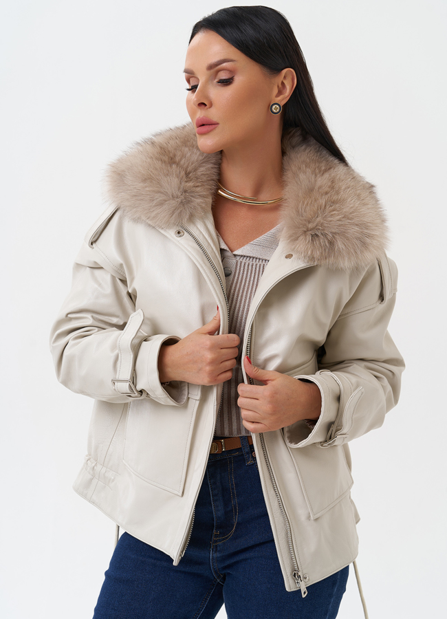 Женский кожаный пуховик с отделкой из песца модель № 28525 универмаг малина