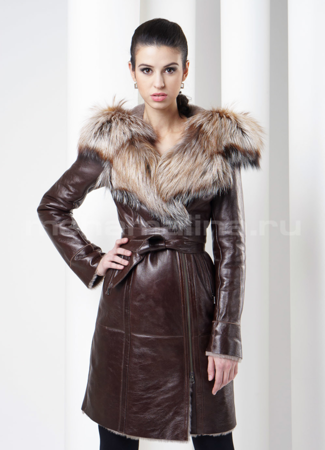 Дубленка на молнии, цвет титаник модель № D-106 меха малина