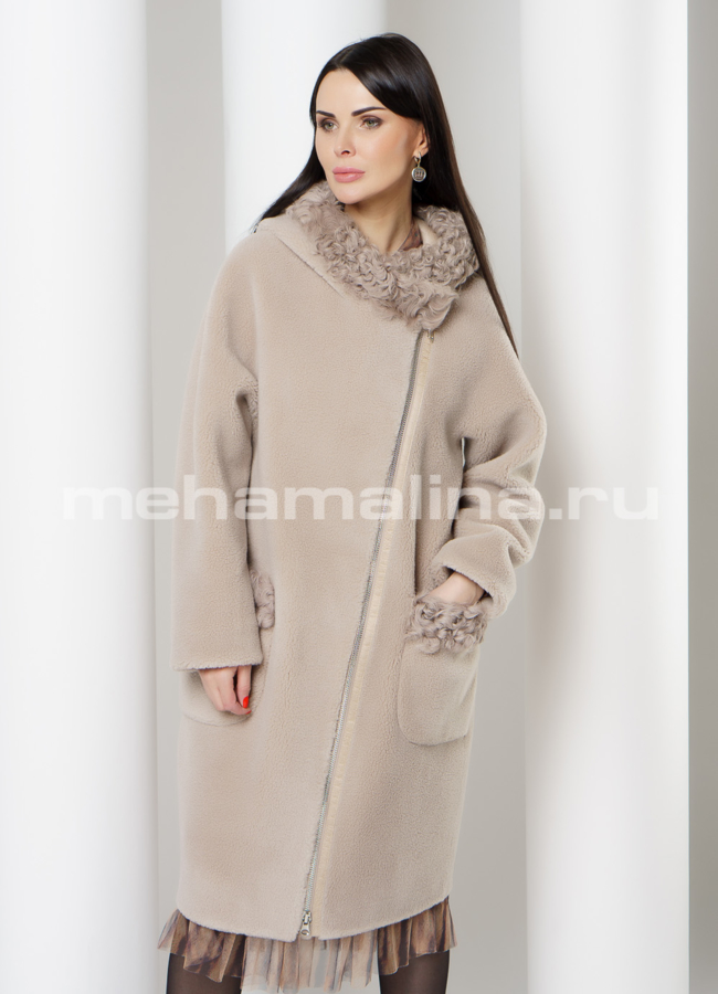 Пальто из шерсти с капюшоном модель № 917 меха малина