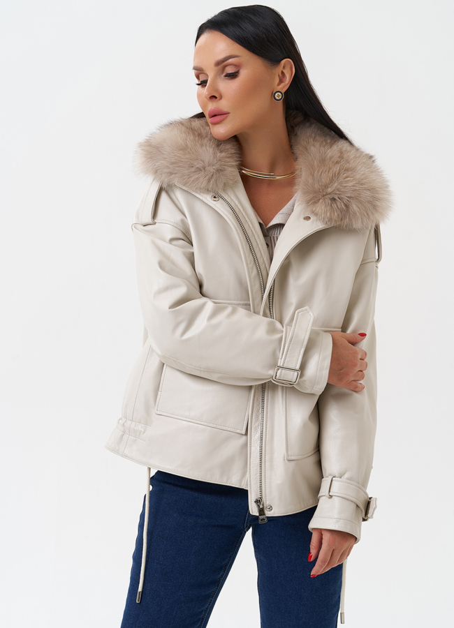 Женский кожаный пуховик с отделкой из песца модель № 28525 универмаг малина