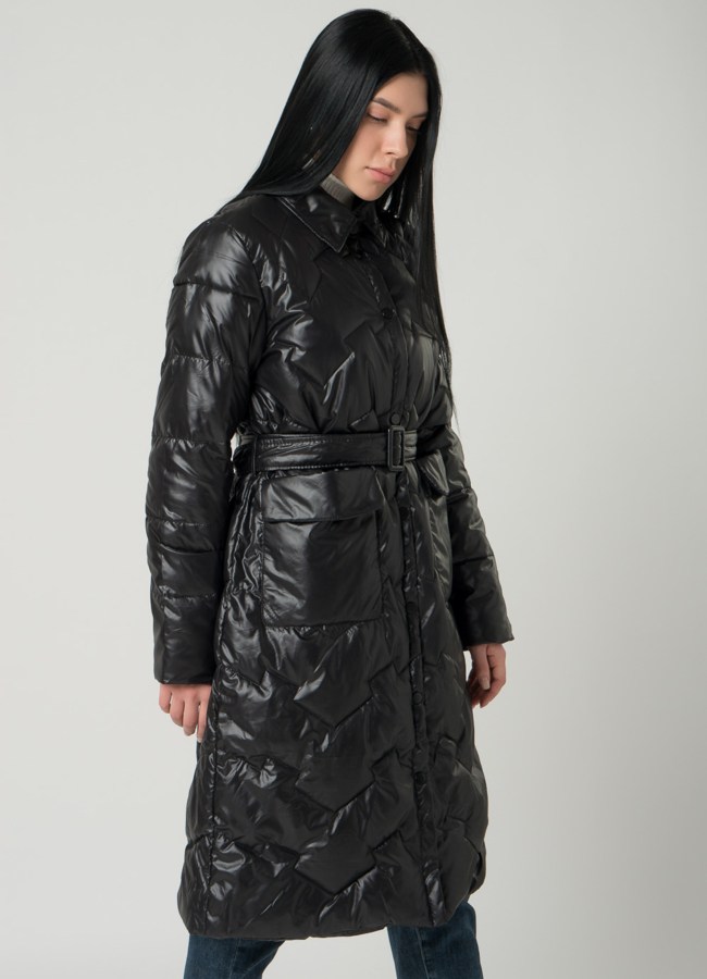 Удлиненное женское пальто  в черном цвете с отложным воротником модель № 22330 универмаг малина